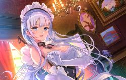 Rule 34 | 1girl, :d, anniversary, azur lane, bare shoulders, belfast (azur lane), blue eyes, braid, breasts, chain, chandelier, cleavage, collar, curtains, dress, dutch angle, flower, frilled dress, frills, gloves, hanekoto, indoors, large breasts, long hair, looking at viewer, maid, maid headdress, open mouth, picture frame, plant, potted plant, purple flower, sidelocks, smile, solo, underbust, upper body, white dress, white gloves, white hair, window