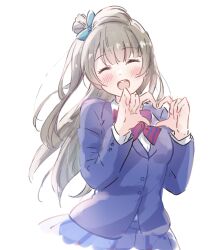 Rule 34 | 1girl, blue jacket, blue skirt, blush, bow, bowtie, closed eyes, collared shirt, commentary request, facing viewer, grey hair, heart, heart hands, highres, jacket, long hair, long sleeves, love live!, love live! school idol project, minami kotori, one side up, open mouth, otonokizaka school uniform, red bow, red bowtie, satisfaction-zero, school uniform, shirt, sidelocks, skirt, solo, standing, upper body, white background, white shirt, winter uniform