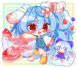 Rule 34 | 2girls, ambiguous red liquid, animal ears, bandages, blue bow, blue dress, blue hair, bow, cake, cake slice, chibi, cirno, commission, cup, detached wings, dress, fairy, fairy wings, food, hair bow, ice, ice wings, indie virtual youtuber, inukkomaru, kine, mallet, multiple girls, para (vtuber), para (vtuber) (2nd costume), pinafore dress, rabbit ears, rabbit tail, red eyes, skeb commission, sleeveless, sleeveless dress, tail, touhou, virtual youtuber, wide sleeves, wings, yellow footwear