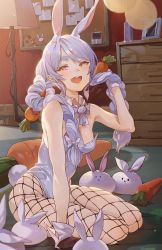 Rule 34 | 1girl, :d, absurdres, alternate costume, animal ears, bare shoulders, blue hair, blush, braid, breasts, bulletin board, carrot, carrot hair ornament, creature, detached collar, don-chan (usada pekora), drawer, fishnets, food-themed hair ornament, hair ornament, highres, holding, holding hair, hololive, hxxg, indoors, lamp, leotard, long hair, looking at viewer, multicolored hair, note, open mouth, orange eyes, rabbit girl, red background, short eyebrows, sitting, small breasts, smile, solo, sunlight, swept bangs, teeth, thick eyebrows, twin braids, twintails, two-tone hair, upper teeth only, usada pekora, virtual youtuber, wall, white hair, white leotard