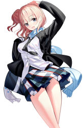 Rule 34 | 1girl, :d, arm up, bag, black jacket, black necktie, blazer, blue scarf, breasts, brown hair, commentary, fringe trim, grey eyes, hair bun, highres, jacket, looking at viewer, medium breasts, necktie, one side up, open clothes, open jacket, open mouth, plaid, plaid skirt, pleated skirt, ririko (zhuoyandesailaer), scarf, school bag, school uniform, shirt, simple background, single side bun, sketch, skirt, smile, solo, white background, white shirt, yahari ore no seishun lovecome wa machigatteiru., yuigahama yui