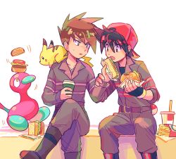 Rule 34 | 2boys, baseball cap, belt, black gloves, black hair, blue oak, boots, brown hair, burger, commentary request, creatures (company), crossed legs, cup, drinking straw, eating, fast food, fingerless gloves, food, french fries, game freak, gen 2 pokemon, gloves, green eyes, hat, holding, itome (funori1), jacket, jewelry, male focus, multiple boys, necklace, nintendo, open mouth, pants, pants tucked in, poke ball, poke ball (basic), pokemon, pokemon (creature), pokemon adventures, porygon2, red (pokemon), red headwear, sandwich, shirt, short hair, sitting, spiked hair, sweatdrop