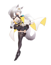 Rule 34 | 1girl, animal ear fluff, animal ears, aqua nails, arm behind back, black footwear, black skirt, black thighhighs, blue eyes, breasts, closed mouth, clothes pull, fox ears, fox tail, full body, hairband, high heels, highres, id card, j fang, jacket, jacket pull, leaning forward, long hair, looking at viewer, medium breasts, nail polish, open clothes, open jacket, original, ponytail, shirt, silver hair, simple background, skirt, smile, solo, standing, tail, thighhighs, white jacket, white shirt