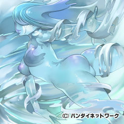 Rule 34 | 1girl, ass, blue theme, breasts, f.s., large breasts, looking back, lowres, monster girl, slime girl, solo, water