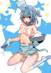 Rule 34 | 1girl, apron, blue hair, blush, breasts, chef hat, cream, halftone, hat, mini hat, mixing bowl, navel, one side up, original, simple background, sitting, small breasts, socks, solo, tajima ryuushi, tongue, tongue out, topless, wariza, whisk, white socks