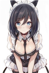 1girl animal_ears between_breasts black_hair black_necktie black_thighhighs blue_eyes breasts cleavage closed_mouth commentary_request eishin_flash_(umamusume) hair_between_eyes horse_ears horse_girl leaning_forward looking_at_viewer maid maid_headdress medium_breasts nannacy7 necktie necktie_between_breasts see-through see-through_skirt short_hair simple_background skirt smile solo thighhighs umamusume white_background zettai_ryouiki