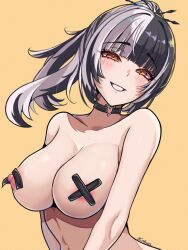 Rule 34 | 1girl, absurdres, areola slip, black choker, black hair, blush, breasts, choker, commentary, coubalty, cross pasties, english commentary, floating hair, grey hair, grin, hair ornament, hairpin, half-closed eyes, heart o-ring, highres, hololive, hololive english, large breasts, long hair, looking at viewer, multicolored hair, nipples, o-ring, o-ring choker, paid reward available, pasties, ponytail, shiori novella, sidelocks, simple background, smile, solo, split-color hair, twitter username, two-tone hair, upper body, virtual youtuber, yellow background, yellow eyes
