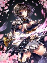 Rule 34 | 1girl, armor, armored dress, black armor, black dress, black gloves, black hair, black thighhighs, bow, breasts, cherry blossoms, cleavage, commentary request, dress, erika (shadowverse), flower, gloves, hakuda tofu, holding, holding sword, holding weapon, katana, large breasts, looking at viewer, parted lips, petals, pink flower, purple eyes, shadowverse, short dress, short hair, solo, sword, thighhighs, v-shaped eyebrows, vambraces, weapon, white bow