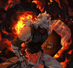 Rule 34 | 1boy, animal ears, arknights, bare shoulders, brown fur, clothes around waist, dog boy, dog ears, explosion, feet out of frame, furry, furry male, highres, holding, holding shield, horns, hung (arknights), jacket, jacket around waist, lalatia-meai, large pectorals, male focus, medium hair, multicolored hair, muscular, muscular male, orange eyes, orange hair, pectorals, shield, single horn, solo, streaked hair, two-tone fur, white fur, white hair