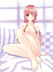 Rule 34 | 1girl, arm support, barefoot, bed, blush, breasts, censored, convenient censoring, feet, female focus, game cg, gasai yuno, gundam, hair censor, hair down, hair over breasts, large breasts, legs, long hair, mirai nikki, nude, one eye closed, operator type l, pillow, pink eyes, pink hair, purple eyes, sd gundam online, sitting, skybuster, solo, striped, toes, wink