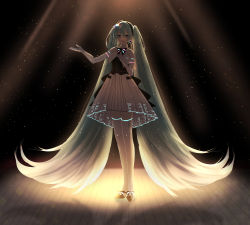 Rule 34 | 1girl, :d, absurdly long hair, bare shoulders, black footwear, black ribbon, blue eyes, blue hair, blurry, bokeh, depth of field, dress, elbow gloves, full body, gloves, hand on own chest, happy, hatsune miku, high heels, highres, indoors, light smile, long hair, looking away, miku symphony (vocaloid), mizuamemochimochi, neck ribbon, open mouth, outstretched hand, ribbon, shadow, short dress, sleeveless, sleeveless dress, smile, solo, spotlight, standing, thighhighs, twintails, very long hair, vocaloid, white dress, white gloves, white ribbon, wooden floor