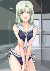 1girl 3d_background bikini blue_bikini bow breasts breasts_squeezed_together cleavage cowboy_shot green_hair grey_eyes highres idolmaster idolmaster_(classic) idolmaster_stella_stage looking_at_viewer medium_breasts mole mole_under_eye neckerchief open_mouth sailor_bikini sailor_collar sailor_swimsuit_(idolmaster) shiika_(idolmaster) short_hair solo swimsuit tsurui v_arms waist_bow white_neckerchief white_sailor_collar