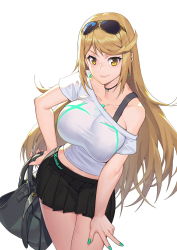 Rule 34 | 1girl, bag, blonde hair, blush, breasts, casual, collarbone, artistic error, eyewear on head, highres, holding, holding bag, jewelry, large breasts, long hair, looking at viewer, madyy, mythra (xenoblade), nail polish, necklace, nintendo, off shoulder, pleated skirt, shirt, simple background, single bare shoulder, skirt, smile, solo, standing, strap, sunglasses, swept bangs, t-shirt, very long hair, white background, wrong hand, xenoblade chronicles (series), xenoblade chronicles 2, yellow eyes