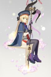 Rule 34 | 1girl, artoria caster (fate), artoria caster (second ascension) (fate), artoria pendragon (fate), belt, beret, black bow, black gloves, black pantyhose, blonde hair, blue belt, blue cloak, blue headwear, blush, boots, bow, buttons, cloak, closed eyes, collared shirt, fate/grand order, fate (series), flower, gem, gloves, gold trim, green eyes, green gemstone, hair bow, hat, henoaokamoheji, highres, holding, long hair, long sleeves, looking at viewer, ornament, pantyhose, pink flower, pink ribbon, purple bow, purple footwear, ribbon, shirt, sitting, skirt, smile, twintails, white background, white shirt, white skirt