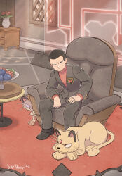 Rule 34 | 1boy, armchair, berry (pokemon), black hair, chair, closed mouth, creatures (company), dukehooverart, evolutionary line, flower, flower pot, game freak, gen 1 pokemon, giovanni (pokemon), hand on own thigh, highres, indoors, jacket, jewelry, logo, looking down, male focus, meowth, nintendo, oran berry, pants, persian, pokemon, pokemon (creature), pokemon lgpe, ring, rug, shirt, shoes, short hair, sitting, smile, table, team rocket, team rocket uniform