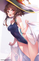 Rule 34 | 1girl, :d, bare arms, bare shoulders, black hat, blue one-piece swimsuit, blush, breasts, brown hair, collarbone, competition swimsuit, covered navel, grey background, groin, hat, holding, hong (white spider), kono subarashii sekai ni shukufuku wo!, looking at viewer, medium breasts, megumin, one-piece swimsuit, open mouth, red eyes, short hair with long locks, sidelocks, signature, smile, solo, swimsuit, thigh gap, thighs, two-tone background, white background, witch hat