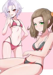 Rule 34 | 2girls, :p, absurdres, bangs pinned back, bare arms, bare shoulders, bikini, blush, breasts, brown hair, cleavage, closed mouth, collarbone, commentary request, forehead, grey hair, highleg, highleg bikini, highres, kamidan, layered bikini, medium breasts, multiple girls, navel, parted bangs, pink background, red bikini, red eyes, shania (xenoblade), sitting, small breasts, smile, swimsuit, tongue, tongue out, twintails, two-tone background, white background, x (xenoblade), xenoblade chronicles (series), xenoblade chronicles 3