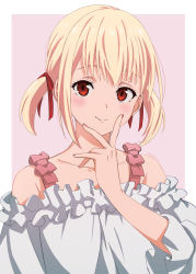 Rule 34 | 1girl, blonde hair, blush, collarbone, framed, frilled shirt collar, frills, highres, looking at viewer, lycoris recoil, nishikigi chisato, pink background, red eyes, shirt, short hair, short twintails, solo, takemura-san (zrxv2445), twintails, twitter username, upper body, v, v over mouth, white shirt