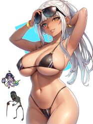 Rule 34 | 1boy, 2girls, absurdres, alternate costume, armpits, arms up, bikini, black bikini, blue background, blue eyes, blunt bangs, breasts, brown eyes, cleavage, collarbone, colored skin, commentary, corpse, dark-skinned female, dark skin, diamond-shaped pupils, diamond (shape), earrings, ebora, english commentary, eyewear on head, gold earrings, green eyes, grey hair, grey skin, grin, heterochromia, high priest (toaru majutsu no index), highleg, highleg bikini, highres, jacket, jewelry, large breasts, long hair, looking at viewer, male swimwear, multiple girls, mummy, navel, nephtys, niang-niang, no tattoo, one-piece swimsuit, open clothes, open jacket, parted lips, ponytail, purple one-piece swimsuit, purple skin, red male swimwear, red swim briefs, smile, speedo (company), sunglasses, swim briefs, swim cap, swimsuit, symbol-shaped pupils, toaru majutsu no index, toaru majutsu no index: new testament, two-tone background, undead, white background, white jacket