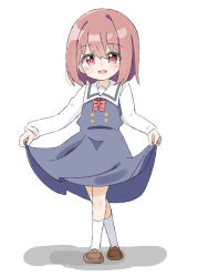 Rule 34 | 1girl, :d, aged down, blue dress, blush stickers, bow, brown footwear, brown hair, commentary request, crossed legs, dress, full body, hair between eyes, highres, hoshino miyako (wataten), kapuru 0410, loafers, long sleeves, open mouth, puffy long sleeves, puffy sleeves, red bow, red eyes, school uniform, shadow, shirt, shoes, simple background, sleeveless, sleeveless dress, sleeves past wrists, smile, socks, solo, standing, watashi ni tenshi ga maiorita!, white background, white shirt, white socks