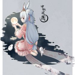 Rule 34 | 1girl, animal, animal ears, barefoot, braid, braided bun, chinese clothes, closed mouth, commentary, double bun, earth (planet), from behind, grey hair, hair between eyes, hair bun, hanfu, highres, long hair, looking at viewer, looking back, momona (mvv), original, planet, rabbit, rabbit ears, red eyes, seiza, sitting, smile, solo, symbol-only commentary, very long hair, white ph