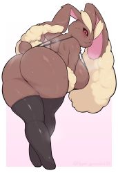Rule 34 | 1girl, :&lt;, animal nose, artist name, ass, ass focus, back, barefoot, bent over, black one-piece swimsuit, black sclera, black thighhighs, blush, body fur, border, breasts, brown fur, closed mouth, clothed pokemon, colored sclera, creatures (company), crossed legs, female focus, from behind, full body, furry, furry female, game freak, gamukami, gen 4 pokemon, gradient background, hand on own hip, highres, kneepits, large breasts, looking at viewer, looking back, lopunny, nintendo, one-piece swimsuit, outside border, pink background, pokemon, pokemon (creature), rabbit ears, rabbit girl, rabbit tail, red eyes, signature, simple background, skindentation, slingshot swimsuit, solo, standing, steam, steaming body, sweat, swimsuit, thick thighs, thighhighs, thighs, twitter username, two-tone fur, watson cross, white background, white border, yellow fur