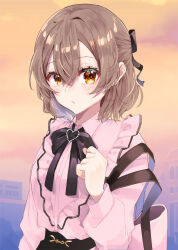 Rule 34 | 1girl, bag, black bow, black bowtie, blurry, blurry background, blush, bow, bowtie, brown hair, building, collared shirt, commentary request, double-parted bangs, dusk, frilled shirt, frills, hair between eyes, hair bow, highres, long sleeves, looking at viewer, medium hair, original, outdoors, parted lips, pink shirt, pink theme, puffy sleeves, shirt, shoulder bag, sky, solo, upper body, ya29 i, yellow eyes