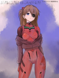 Rule 34 | 10s, 1girl, arm at side, arm behind back, blue eyes, bodysuit, bodysuit under clothes, breasts, brown hair, closed mouth, copyright name, cowboy shot, english text, evangelion: 3.0 you can (not) redo, expressionless, eyepatch, facing viewer, gloves, hair between eyes, headgear, highres, hip focus, jacket, legs apart, lips, long hair, long sleeves, looking at viewer, medium breasts, neon genesis evangelion, niwatori kokezou, off shoulder, open clothes, open jacket, parted bangs, pilot suit, plugsuit, rebuild of evangelion, sketch, solo, souryuu asuka langley, standing, straight hair, tape, track jacket, turtleneck, two side up, unzipped