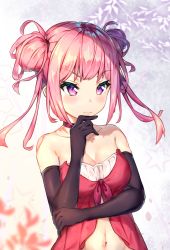 Rule 34 | 1girl, 3:, bare shoulders, black gloves, blurry, breasts, center opening, choker, cleavage, closed mouth, collarbone, double bun, elbow gloves, frown, gloves, hand on own chin, hand up, highres, long hair, looking at viewer, medium breasts, mishuo (misuo69421), navel, original, pink hair, pink shirt, purple eyes, shirt, sidelocks, solo, star (symbol), stomach, strapless, twintails, upper body, v-shaped eyebrows