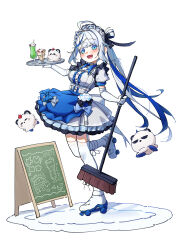 Rule 34 | 1girl, :d, absurdres, ahoge, aokumo rin, apron, belt, belt collar, black bow, black ribbon, blue apron, blue bow, blue dress, blue eyes, blue hair, blush, bow, breasts, broom, center frills, chalkboard, character name, cherry, chest harness, cloud hair ornament, collar, colored eyelashes, commentary request, crepe, dress, drinking straw, elbow gloves, floating, food, frilled dress, frills, fruit, full body, garter straps, gloves, grey bow, hair intakes, hair ribbon, hand up, harness, head tilt, highres, holding, holding broom, holding tray, ice cream, ice cream float, kurimi (aokumo rin), large breasts, leg up, long hair, looking at viewer, looking to the side, maid, maid headdress, melon soda, menu board, multicolored clothes, multicolored dress, multicolored hair, o-ring, o-ring belt, open mouth, petticoat, polka dot, polka dot bow, puffy short sleeves, puffy sleeves, ribbon, ringed eyes, roller skates, rug, short sleeves, side ponytail, sidelocks, simple background, single hair ring, skates, smile, solo, standing, standing on one leg, stellive, swept bangs, thighhighs, three quarter view, tray, tsuuburi, underbust, very long hair, waist apron, white background, white belt, white dress, white footwear, white gloves, white hair, white thighhighs