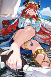 Rule 34 | 2girls, anklet, barefoot, blue nails, blue sky, breasts, circlet, cloud, feet, foot focus, forehead jewel, foreshortening, genshin impact, gold trim, green eyes, hands on own face, harem outfit, highres, holding another&#039;s foot, horns, jewelry, legs, long hair, lumine (genshin impact), medium breasts, multiple girls, nail polish, nekoda (maoda), nilou (genshin impact), open mouth, pov, pov hands, puffy sleeves, raised eyebrows, red hair, sitting, sky, solo focus, thighlet, thighs, toenail polish, toenails, toes, twintails, veil, very long hair, water, wet
