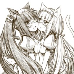 Rule 34 | 10s, 2girls, animal ears, bespectacled, blush, breast press, cat ears, cat tail, cheek-to-cheek, chocola (nekopara), frills, glasses, hair ribbon, headdress, heads together, highres, long hair, low twintails, monochrome, multiple girls, nekopara, one eye closed, open mouth, puffy short sleeves, puffy sleeves, ribbon, short sleeves, simple background, symmetrical docking, tail, twintails, vanilla (nekopara), very long hair, white background, yuri, yuriwhale