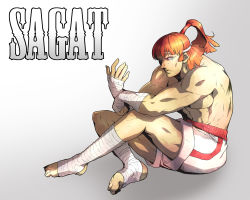 Rule 34 | 1boy, alternate hairstyle, ankle wrap, barefoot, capcom, character name, hand wraps, headband, male focus, manly, muscular, red hair, sagat, sagattoru, topless male, shorts, sitting, solo, street fighter, topknot, wrist wrap, aged down