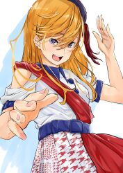 Rule 34 | 1girl, absurdres, belt, beret, blue belt, blue hat, clothing cutout, commentary request, hair between eyes, hand up, hat, highres, looking at viewer, love live!, love live! superstar!!, medium hair, open mouth, orange hair, purple eyes, shibuya kanon, short sleeves, shoulder cutout, solo, start!! true dreams (love live!), teeth, tommer, upper body, upper teeth only