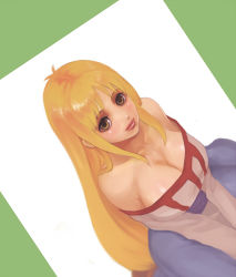 Rule 34 | 1girl, arc the lad, arc the lad ii, bare shoulders, blonde hair, breasts, brown eyes, cleavage, dress, female focus, large breasts, lieza (arc the lad), long hair, looking up, sato (pixiv3277735), solo