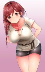 Rule 34 | 10s, 1girl, alternate breast size, bike shorts, braid, breasts, cameltoe, cleavage, covered erect nipples, gradient background, hai to gensou no grimgar, large breasts, leaning forward, long hair, pink background, red eyes, red hair, shumichi, single braid, smile, solo, thighs, yume (grimgar)