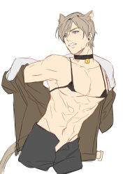 Rule 34 | 1boy, animal ears, armpits, bell, bikini, blonde hair, blue eyes, blush, cat boy, cat ears, clenched teeth, collarbone, commentary, crossdressing, english commentary, extra ears, highres, jacket, jujeop, leon s. kennedy, lingerie, looking back, male focus, muscular, navel, neck bell, open clothes, open fly, open jacket, pants, resident evil, resident evil 4, resident evil 4 (remake), short hair, sketch, solo, string bikini, sweat, swimsuit, teeth, underwear, white background