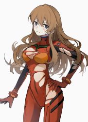 Rule 34 | 1girl, annoyed, blue eyes, blush, bodysuit, breasts, brown hair, closed mouth, curvy, dango (uni 520), evangelion: 3.0+1.0 thrice upon a time, hair between eyes, hair down, hand on own hip, highres, long hair, looking at viewer, medium breasts, neon genesis evangelion, plugsuit, rebuild of evangelion, red bodysuit, simple background, solo, souryuu asuka langley, standing, torn bodysuit, torn clothes, tsundere, very long hair, white background, wide hips