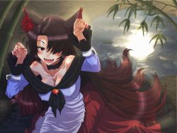 Rule 34 | 1girl, animal ears, arms up, bamboo, bare shoulders, blush, breasts, brooch, brown hair, cleavage, collar, cuffs, dress, covered erect nipples, fangs, fingernails, full moon, hair over one eye, highres, imaizumi kagerou, jewelry, kezune (i- -i), large breasts, long hair, long sleeves, moon, open mouth, paw pose, red eyes, reflection, smile, solo, tail, touhou, very long hair, water, wolf ears, wolf tail