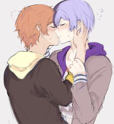 Rule 34 | 2boys, adair (juicelooped), aoyagi touya, arm grab, blue hair, blush, closed eyes, dark blue hair, facing another, grabbing another&#039;s arm, grey background, hand on another&#039;s face, highres, hood, hood down, hooded jacket, jacket, long sleeves, male focus, mole, mole under eye, multicolored hair, multiple boys, open clothes, open jacket, open mouth, orange hair, project sekai, shinonome akito, short hair, simple background, sleeves past elbows, two-tone hair, upper body, yaoi