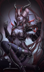 Rule 34 | 1girl, absurdres, alisa nilsen, armor, bikini armor, black gloves, black thighhighs, breasts, cape, chain, claws, closed mouth, colored sclera, ear piercing, earrings, gloves, hands up, high heels, highres, horns, jewelry, linked piercing, long hair, looking at viewer, medium breasts, multiple horns, piercing, pink hair, pointy ears, ponytail, red cape, red eyes, red sclera, sitting, solo, thighhighs, warcraft, world of warcraft, ysera