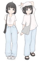 Rule 34 | 1girl, 1ssakawaguchi, ahoge, arm behind head, arm up, bag, black bag, black footwear, black hair, blue pants, blush, bucket hat, closed mouth, full body, grey bag, grey eyes, hat, highres, ichika (1ssakawaguchi), looking at viewer, midriff, multiple views, navel, original, pants, shirt, short hair, short sleeves, shoulder bag, simple background, standing, t-shirt, toes, v, white background, white footwear, white hat, white shirt