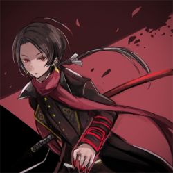 Rule 34 | 10s, 1boy, black hair, earrings, floating hair, hair ribbon, jewelry, kashuu kiyomitsu, long hair, long sleeves, low ponytail, lowres, male focus, military, military uniform, mole, mole under mouth, nail polish, petals, ponytail, red eyes, red nails, red scarf, ribbon, scarf, solo, sword, toi (toiot), touken ranbu, uniform, weapon
