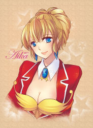 Rule 34 | 1990s (style), 1girl, agent aika, aika (series), azami yuuko, blonde hair, blue eyes, blush, breasts, brooch, bustier, cleavage, copyright name, corset, detached collar, earrings, hair between eyes, highres, jewelry, lipstick, long hair, looking at viewer, makeup, medium breasts, retro artstyle, shirt, smile, solo, star (symbol), sumeragi aika, text focus, ultranite, upper body