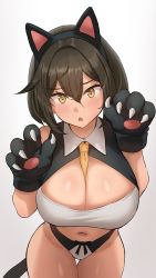 Rule 34 | 1girl, :o, animal ears, animal hands, banned artist, breasts, brown hair, cat ears, cat paws, cat tail, cleavage, fake animal ears, gloves, gradient background, grey background, hair between eyes, jagaimo (kkamja), large breasts, looking at viewer, mia (jagaimo (kkamja)), navel, original, paw gloves, paw pose, short hair, solo, tail, thighs, yellow eyes