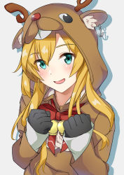 Rule 34 | 1girl, :d, abukuma (kancolle), anchor, anchor earrings, animal costume, antlers, aqua eyes, black gloves, blonde hair, blue eyes, blush, bow, clenched hand, clenched hands, cosplay, double bun, earrings, gloves, hair bun, hair rings, highres, hood, hood up, horns, jewelry, kagari liroi, kantai collection, long hair, long sleeves, looking at viewer, open mouth, red bow, red neckwear, reindeer costume, rudolph the red nosed reindeer, rudolph the red nosed reindeer (cosplay), shadow, sleeves past wrists, smile, solo, twintails, upper body, white background