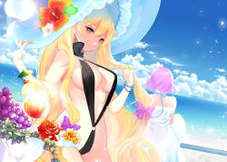 Rule 34 | 2girls, alternate costume, bare arms, bare shoulders, beach, bikini, black bikini, blonde hair, blue sky, bow, breasts, cloud, cloudy sky, cup, day, dress, drink, drinking glass, flower, food, fruit, grapes, hair bow, hat, large breasts, long hair, looking at viewer, multiple girls, o-ring, o-ring bikini, ocean, outdoors, purple bow, red eyes, red flower, red rose, roh nam kyung, rose, saigyouji yuyuko, sand, sky, slingshot swimsuit, smile, summer, sundress, swimsuit, table, touhou, very long hair, water, white hat, yakumo yukari
