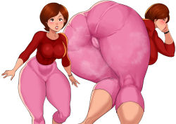 Rule 34 | 1girl, abs, ass, ass focus, breasts, brown eyes, brown hair, cameltoe, cyberboi, helen parr, highres, huge ass, impossible clothes, large breasts, mature female, multiple views, pants, pussy, short hair, simple background, solo, tagme, the incredibles, thick thighs, thighs, white background, wide hips, wristband, yoga pants