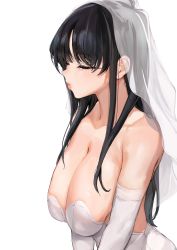 Rule 34 | 1girl, absurdres, bare shoulders, black hair, breasts, bridal veil, closed eyes, commentary, dress, elbow gloves, english commentary, from side, gloves, highres, komi-san wa komyushou desu, komi shouko, long hair, mamimi (mamamimi), parted lips, sagging breasts, simple background, solo, strapless, strapless dress, upper body, veil, wedding dress, white background, white dress, white gloves