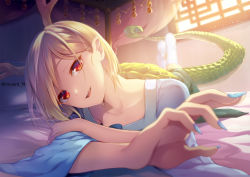 Rule 34 | 1girl, :d, antlers, artist name, bed sheet, blonde hair, blue nails, blue shirt, collarbone, commentary request, dragon horns, dragon tail, fang, fingernails, foreshortening, green skirt, head tilt, highres, horns, indoors, kicchou yachie, kneehighs, long fingernails, long sleeves, looking at viewer, lying, miniskirt, nail polish, nnyara, no shoes, on bed, on stomach, open mouth, parted lips, red eyes, shirt, short hair, skirt, slit pupils, smile, socks, solo, swept bangs, tail, touhou, turtle shell, twitter username, white socks, window